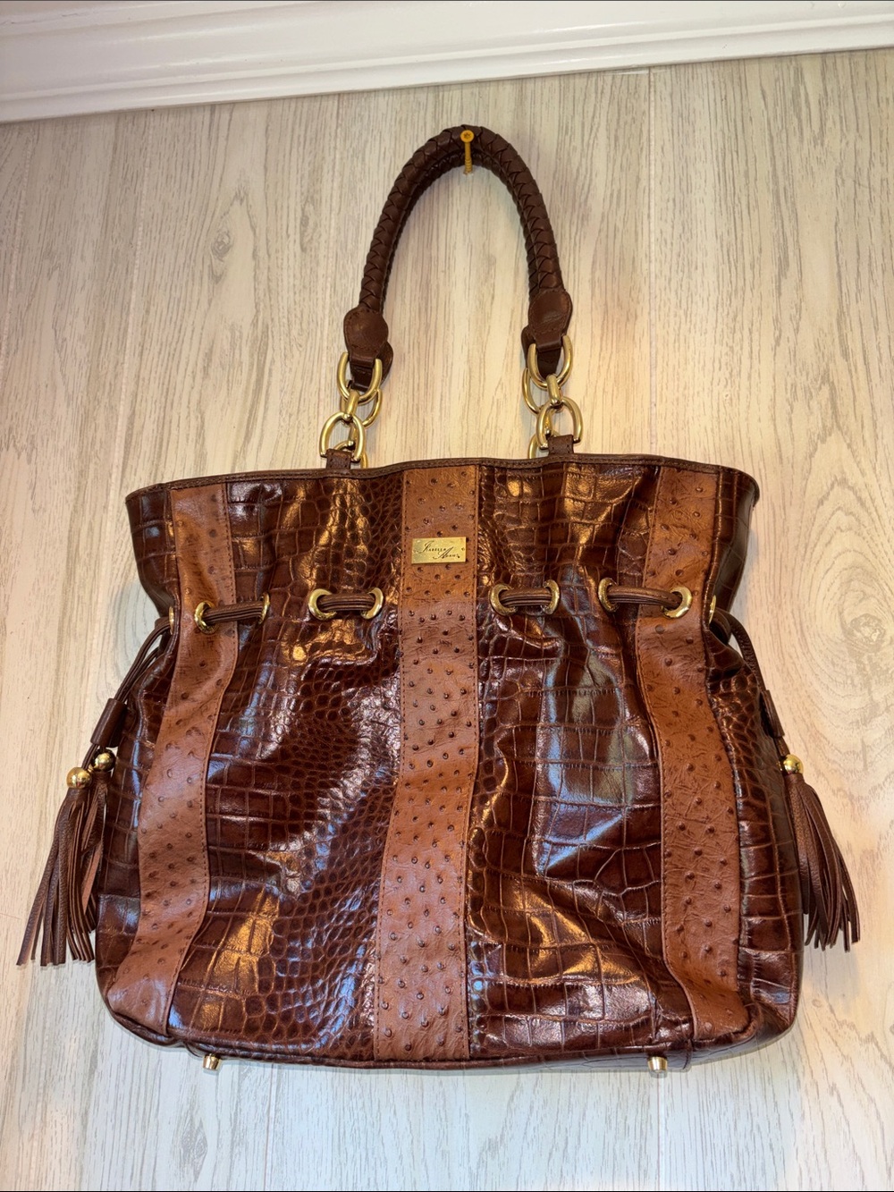 Isabella Adams Braided-Handle Brown Croc-Embossed Shoulder Bag with Tassels